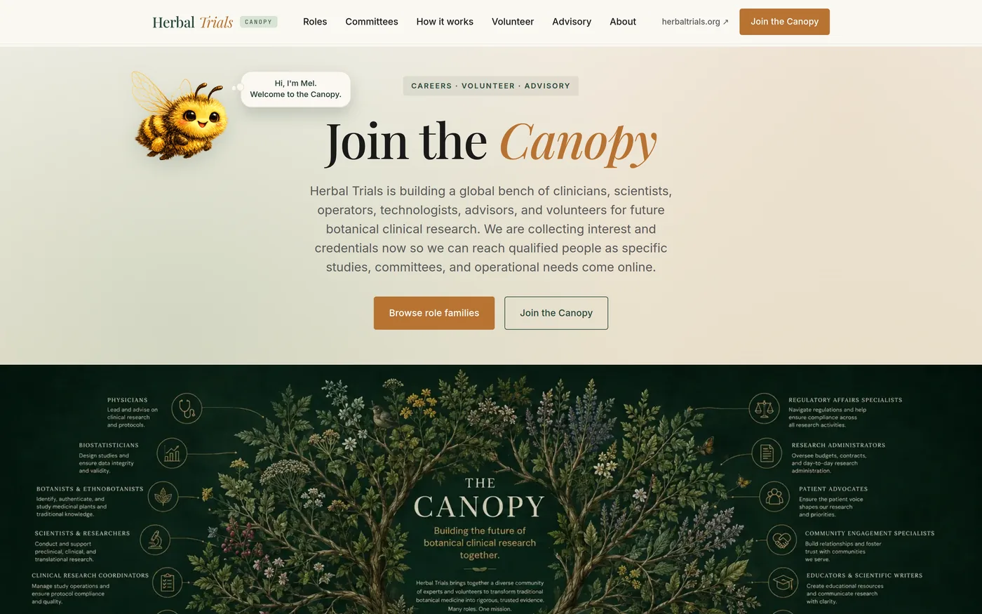 The Canopy homepage, headed "Join the Canopy", inviting clinicians, scientists, technologists and advisors to register interest, above an illustrated map of role families.