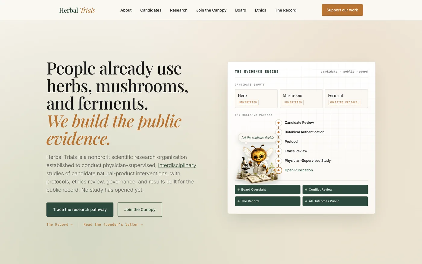 Herbal Trials homepage, headed "People already use herbs, mushrooms, and ferments. We build the public evidence.", beside a diagram of the research pathway from candidate to public record.