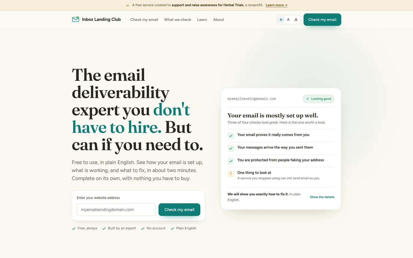 Inbox Landing Club homepage, headed "The email deliverability expert you don’t have to hire. But can if you need to.", beside a sample result card listing four plain-English checks.