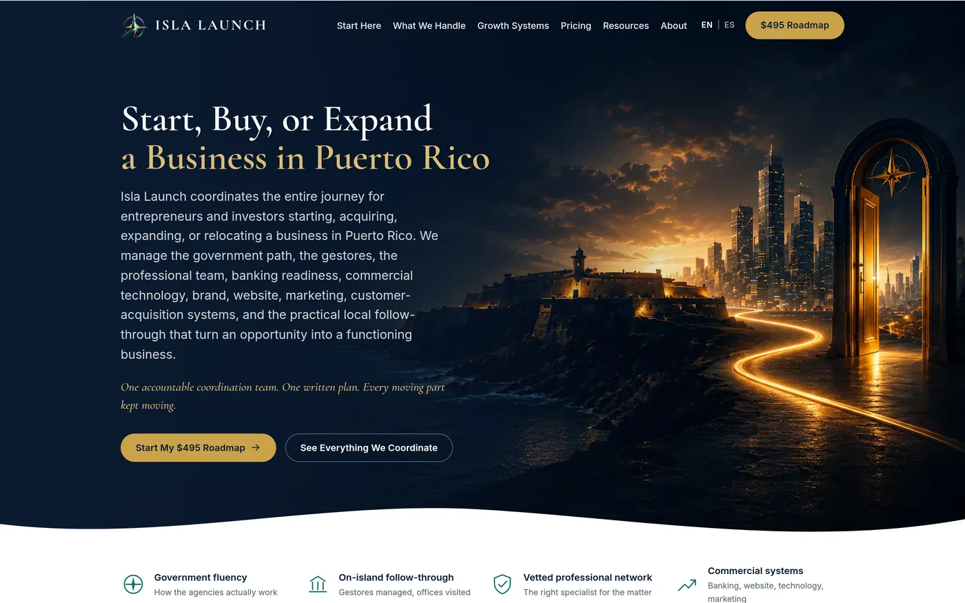 Isla Launch homepage, headed "Start, Buy, or Expand a Business in Puerto Rico", with a language switcher and a roadmap call to action over a night view of San Juan.