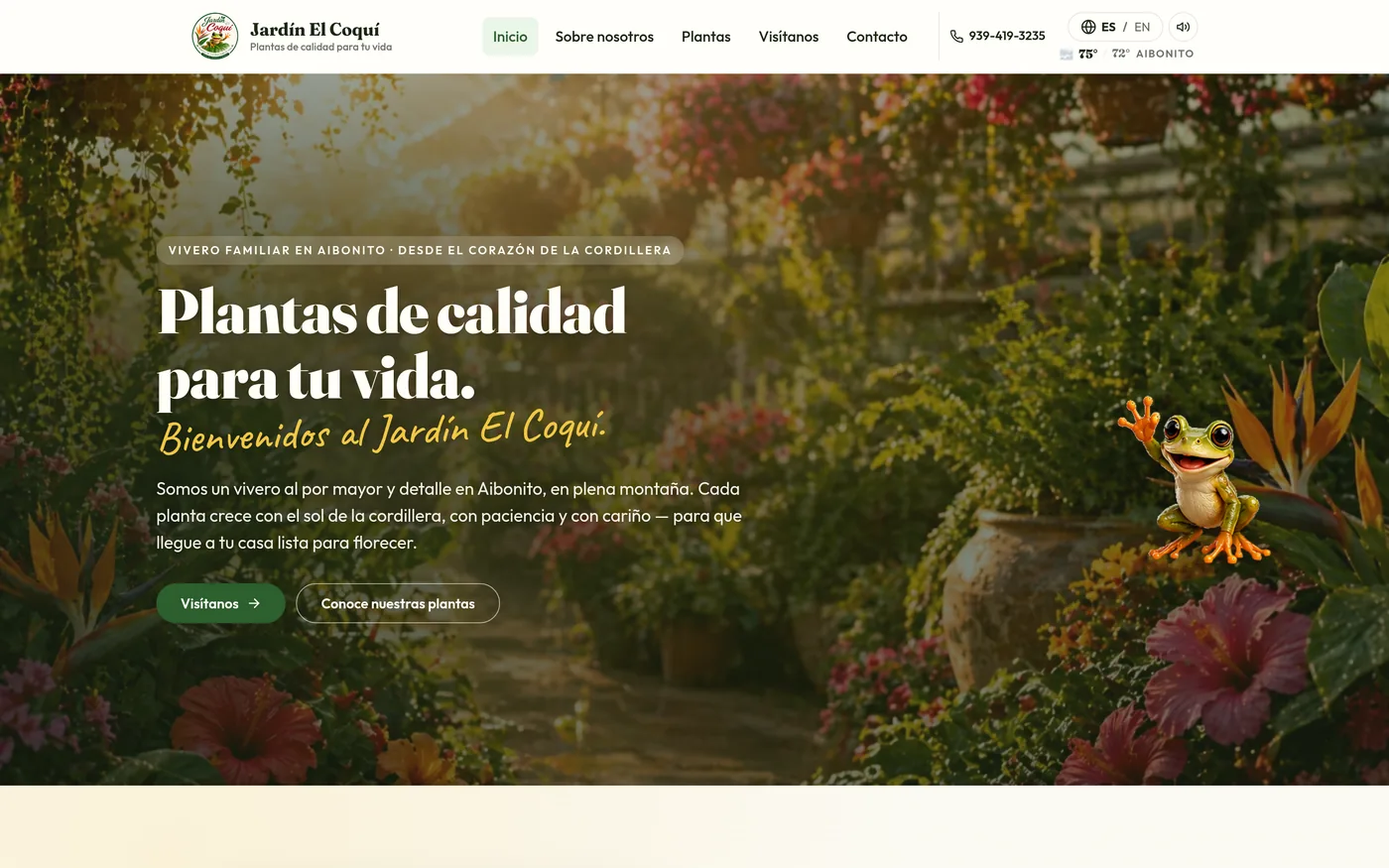 Jardín El Coquí homepage in Spanish, headed "Plantas de calidad para tu vida", over a photograph of the nursery with a language switcher in the header.