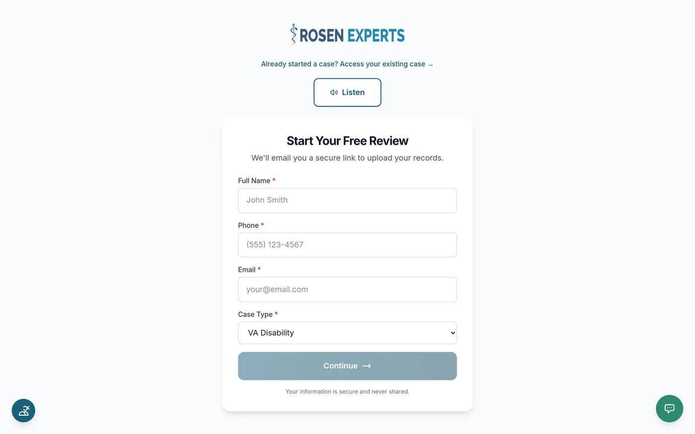 The Rosen Experts free review intake form, empty, showing name, phone, email and case type fields with a listen-aloud control above it.