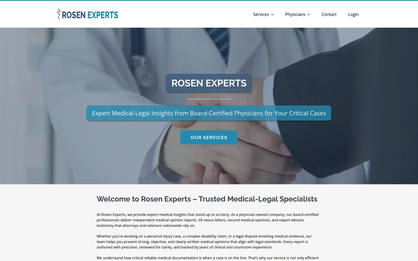 Rosen Experts public homepage, headed "Expert Medical-Legal Insights from Board-Certified Physicians for Your Critical Cases", with a services call to action.