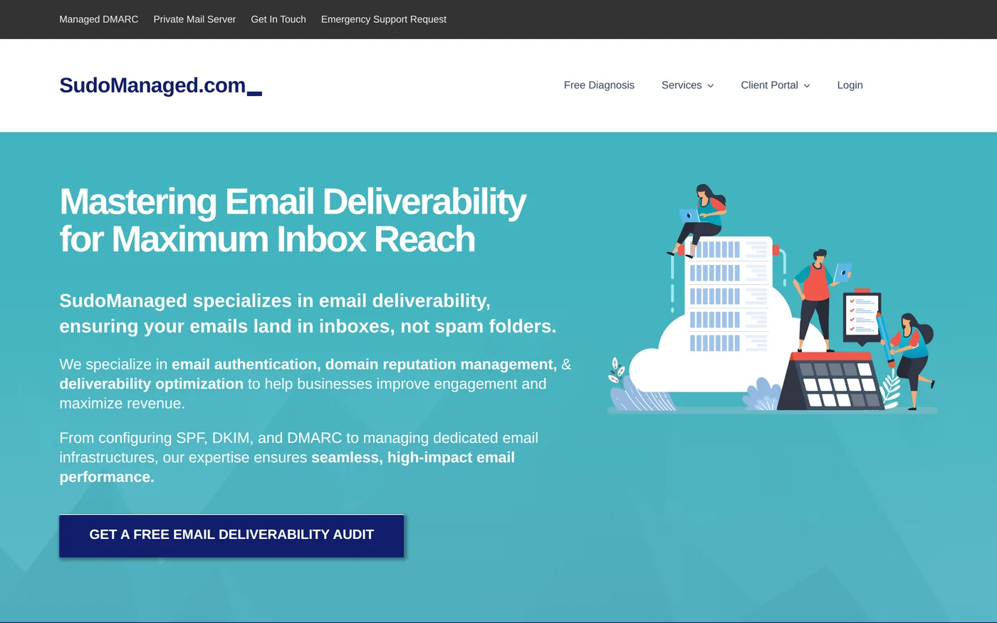 SudoManaged email deliverability homepage, headed "Mastering Email Deliverability for Maximum Inbox Reach", with navigation to managed DMARC and private mail server services.