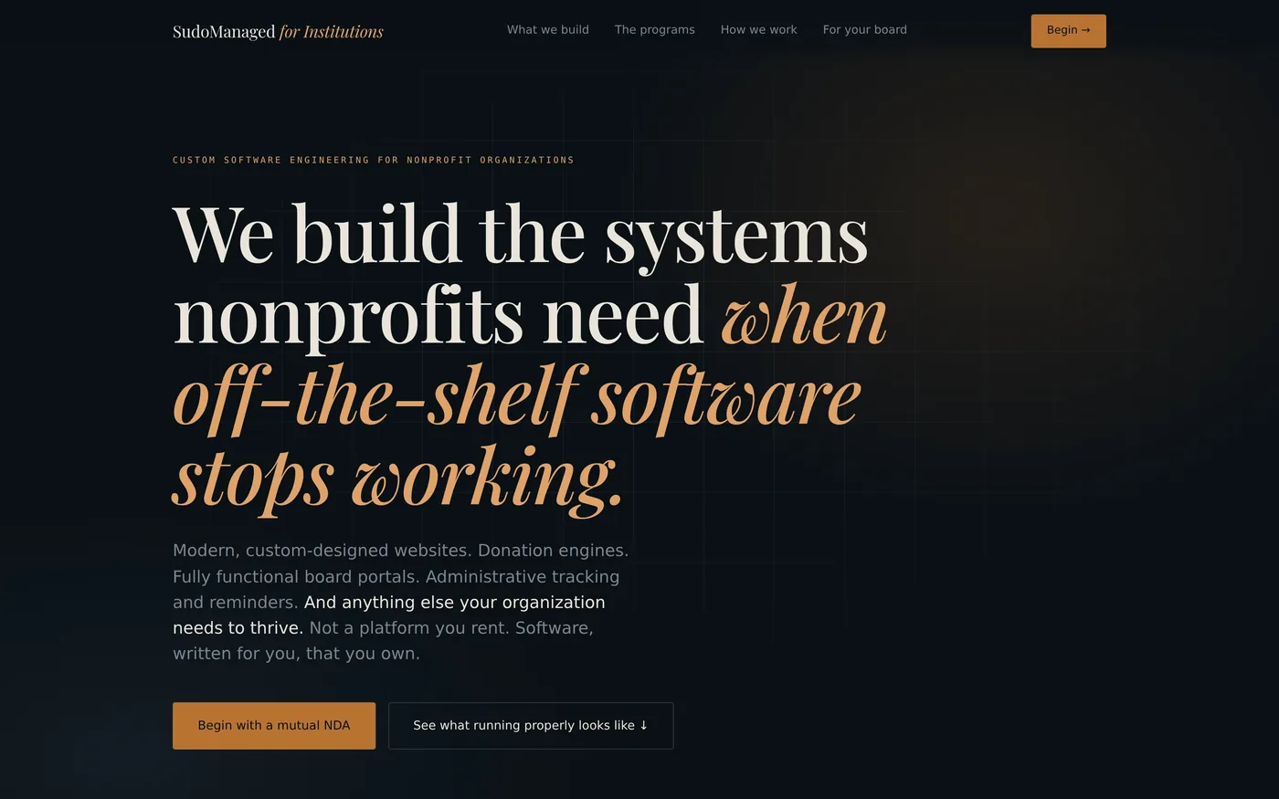 SudoManaged for Institutions homepage, headed "We build the systems nonprofits need when off-the-shelf software stops working", with calls to action to begin under NDA.